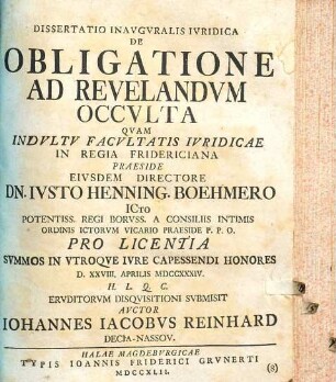 Dissertatio Inavgvralis Ivridica De Obligatione Ad Revelandvm Occvlta