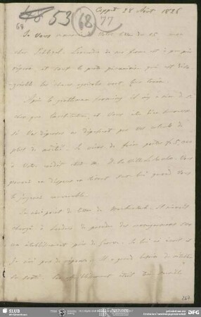 Eigenh. Brief von Auguste Louis de Staël-Holstein an August Wilhelm von Schlegel, Coppet, 28.08.1826