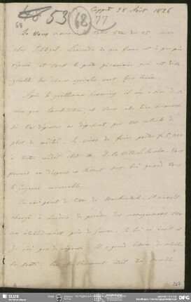 Eigenh. Brief von Auguste Louis de Staël-Holstein an August Wilhelm von Schlegel, Coppet, 28.08.1826