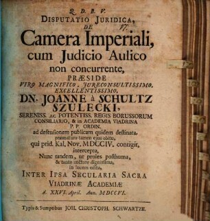 Disputatio Juridica, De Camera Imperiali, cum Judicio Aulico non concurrente