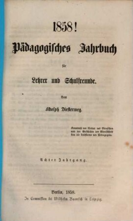Pädagogisches Jahrbuch für Lehrer und Schulfreunde. 8. 1858