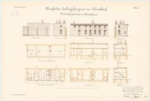 Zellengefängnis, Düsseldorf Wirtschaftsgebäude des Frauengefängnisses: Grundriss Fundamente, EG, DG, Querschnitte, Längsschnitt, Seitenansichten, Vorderansicht und Rückansicht 1:100