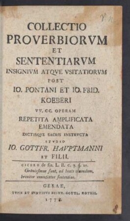 Collectio Proverbiorvm Et Sententiarvm Insignivm Atqve Vsitatiorvm