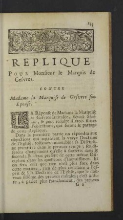Replique pour Monsieur le Marquis de Gesures.