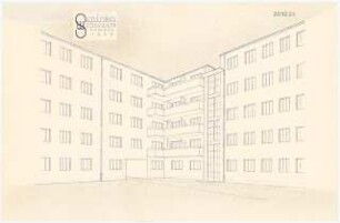 Wohnungsbau Berlin-Prenzlauer Berg Schinkelwettbewerb 1950: Perspektivische Ansicht