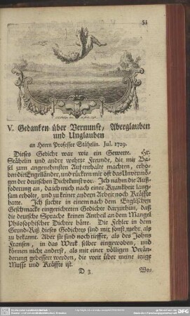 V. Gedanken über Vernunft, Aberglauben und Unglauben an Herrn Professor Stähelin. Jul. 1729