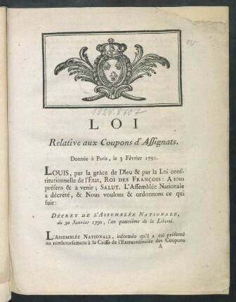 Loi Relative aux Coupons d'Assignats. Donnée à Paris, le 3 Février 1791. [!]