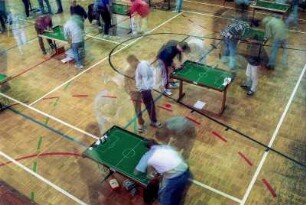Tipp-Kick, das seit über 50 Jahren beliebte Tischfussball-Spiel.Hergestellt beim Familienbetrieb MIEG in Villingen/Schwenningen, Schwarzwald. Hier: TippKick-Turnier in einer Göttinger Sporthalle