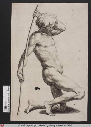Figurenstudie eines knienden Mannes, der sich auf einen Stab stützt.
