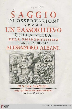 Saggio di osservazioni sopra un Bassorilievo della Villa dell'Eminentissimo Signor Cardinale Alessandro Albani
