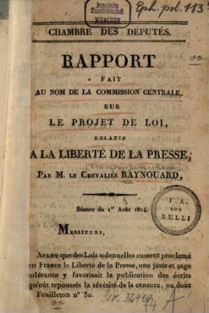 Rapport fait au nom de la Commission centrale sur le projet de loi, relatif à la liberté de la presse
