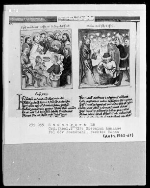 Zwei Schriften — Speculum humanae salvationis — Textseite mit zwei Miniaturen, Folio 66verso