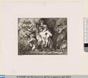 Ein Satyr, von zwei anderen begleitet, trägt eine Nymphe durch das Wasser