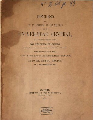 Discurso que en la apertura de los estudios de la universidad central