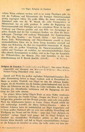 497-498 [Rezension] Hügel, Friedrich von, Religion als Ganzheit