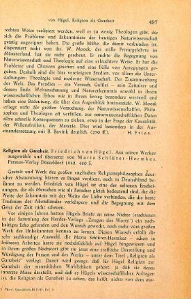 497-498 [Rezension] Hügel, Friedrich von, Religion als Ganzheit
