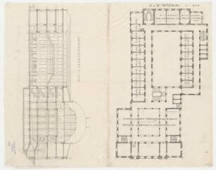 Thiersch, Friedrich von; München; Museums - Projekt - Grundriss 1. O, Grundriss 2. OG; Längsschnitt