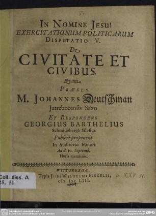 Exercitationum Politicarum Disputatio V. De Civitate Et Civibus