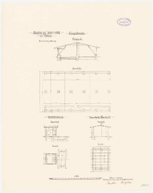 Gefängnis, Wohlau: Kompostgrube: Grundriss, Querschnitt. Waage: Grundriss, Längsschnitt. Haus für die Wäscherolle: Grundriss, Querschnitt 1:100