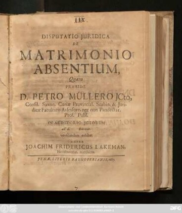 Disputatio Iuridica De Matrimonio Absentium