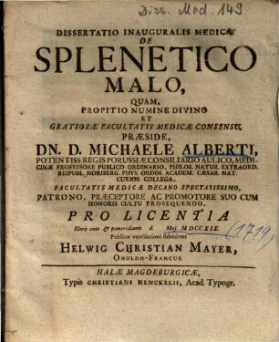 Dissertatio Inauguralis Medica De Splenetico Malo