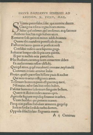 Ianus Damianus Senensis Ad Leonem. X. Pont. Max.