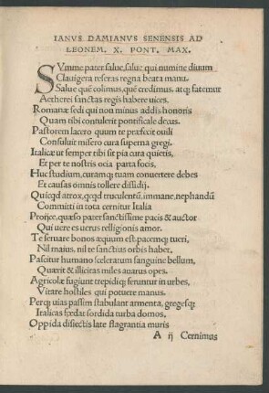 Ianus Damianus Senensis Ad Leonem. X. Pont. Max.