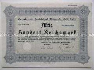 Aktie der Gewerbe- und Handelsbank Aktiengesellschaft Halle über 100 Mark