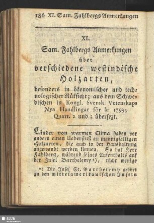 XI. Sam. Fahlbergs Anmerkungen über verschiedene westindische Holzarten : besonders in ökonomischer und technologischer Rücksicht
