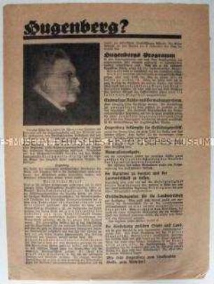 Deutschnationales Propagandaflugblatt zur Reichstagswahl 1933 mit einem Porträt von Hugennberg