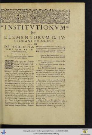 Institutionum, seu Elementorum Iuris D. Iustiniani Principis, Liber III.