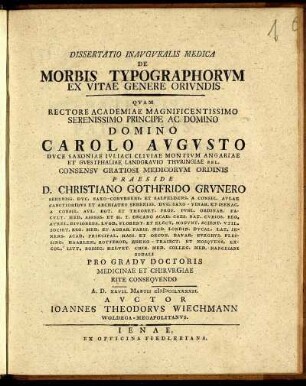 Dissertatio Inauguralis Medica De Morbis Typographorum Ex Vitae Genere Oriundis