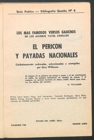 El pericón y payadas nacionales : los mas famosos versos gauchos de los mejores vates criollos ; [antología de poetas gauchos]