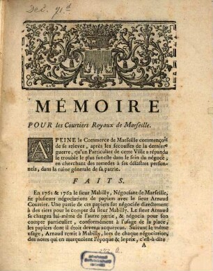 Mémoire pour les courtiers royaux de Marseille