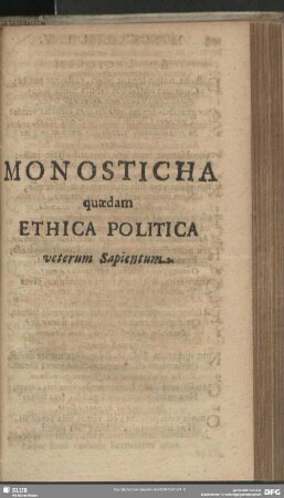 Monosticha quaedam Ethica Politica veterum Sapientum