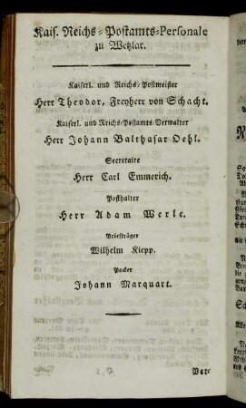 Kais. Reichs-Postamts-Personale zu Wetzlar.