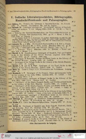 V. Indische Literaturgeschichte, Bibliographie, Handschriftenkunde und Palaeographie (Nr. 1413 - 1556)
