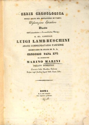 Serie cronologica degli abati del monastero di Tarfa : Dissertazione epistolare