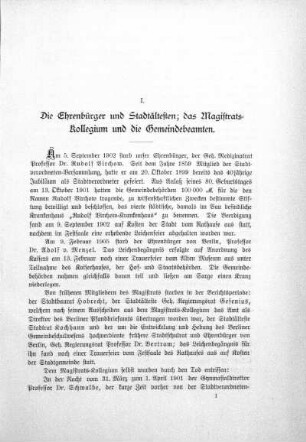I. Die Ehrenbürger und Stadtältesten; Das Magistratskollegium und die Gemeindebeamten