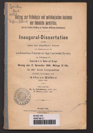 Beitrag zur Pathologie und pathologischen Anatomie der Dementia paralytica