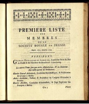 Primiere Liste Des Membres De La Societe Royale De Prusse.