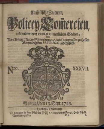 Nro. XXXVII, Montags, den 13. Sept. 1745