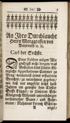 An Ihro Durchlaucht Herrn Marggraffen von Bayreuth etc.