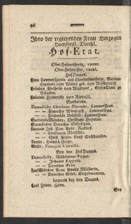 Ihro der regierenden Frau Herzogin Hochfürstl. Durchl. Hof-Etat