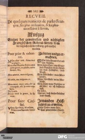 Auszug Einiger der gemeinesten und nöthigsten Frantzösischen Redens-Arten