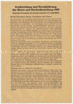 Aufruf der Vereinigung der gegenseitigen Bauernhilfe für verlustlose Einbringung der Ernte und Herbstbestellung zur Sicherung des Fünfjahrplans, für Friedensvertrag, gegen Remilitarisierung