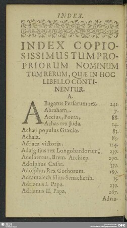 Index Copiosissimus Tum Propriorum Nominum Tum Rerum, Quae In Hoc Libello Continentur