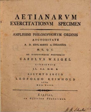 Aetianarvm Exercitationvm Specimen
