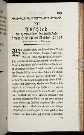 XII. Abschied der Schwedischen Reichs-Stände beym Schluß des Reichs-Tages in Stockholm den 22 Aug 1741.