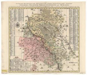 Karte der Ämter Annaburg, Pretzsch, Torgau, Schweinitz, und Mühlberg in Kursachsen, ca. 1:120 000, Kupferstich, 1757 : Accurate Geographische Delineation Derer Chursächsischen Ammter Annaburg, Pretzsch, Torgau, Schweinitz, und Mühlberg : mit denen darzu Gehörigen Städten, Flecken, Dorffschafften, einzeln Häusern, und angrenzenden Orthen ; mit Königl. und Churfürstlichen Sächss. Privilegio / [Zeichner: Adam Fr. Zürner]. - [Ca. 1:120 000]. - Amsterdam : P. Schenk , [1757]. - 1 Kt. : mehrfarb. ; 53 x 48 cm